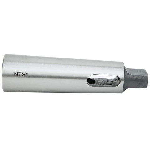 Side view of Baxnore MT5 to MT4 taper reducing drill sleeve, silver metal