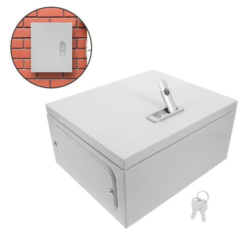 Pro Grade Outdoor Plastic Power Distribution Box With Vertical Control Cabinet 25x30x14cm, shown closed with keys.