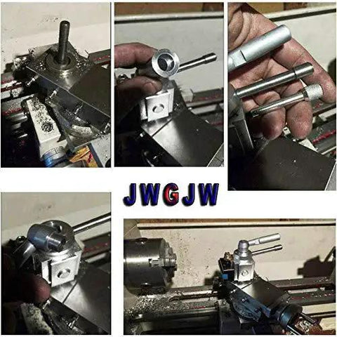 Workhorse Mini Lathe Quick Change Tool Post For Dovetail Tenon, JWGJW 120034 in use on a small lathe with attachments.