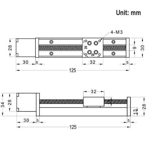 Technical drawing of Mini Linear Rail Guide Slide Actuator With T6x1 Lead Screw And NEMA11 Stepper Motor 50mm Stroke For DIY CNC Router Parts
