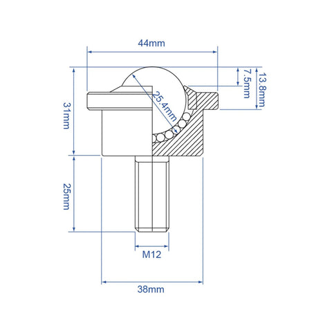 Technical diagram of Roller Ball Transfer Bearing Casters 1 Inch Diameter M12 Ball Transfer Unit showing dimensions and structure.