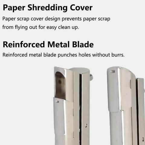 Close-up of Heavy Duty Portable Single Hole Punch Tool With Deep 53mm Feed Slot showing paper shredding cover and reinforced blade.