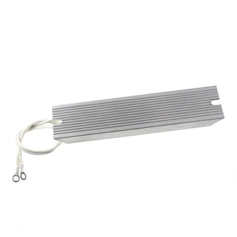 Aluminum‑case power resistor with ribbed heat sink, white wire leads and ring terminals