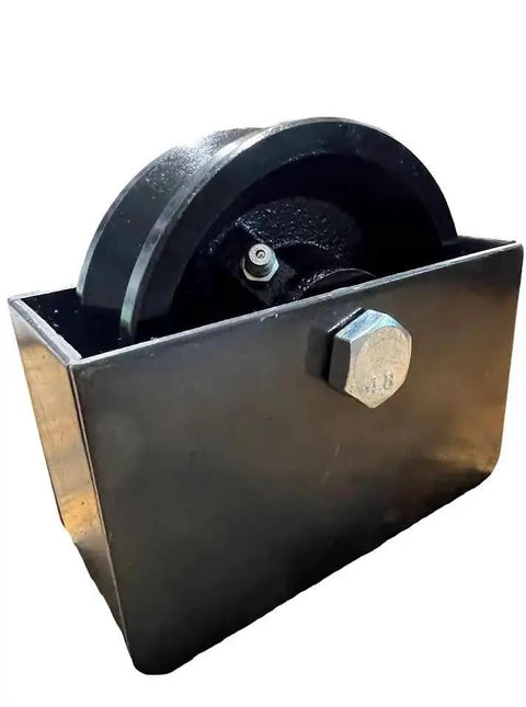 Beefy 4 Inch Cast Iron V Groove Wheel With Weldable Heavy Duty Steel Box For Sliding Gates 800 Lb Load Black Gloss Finish