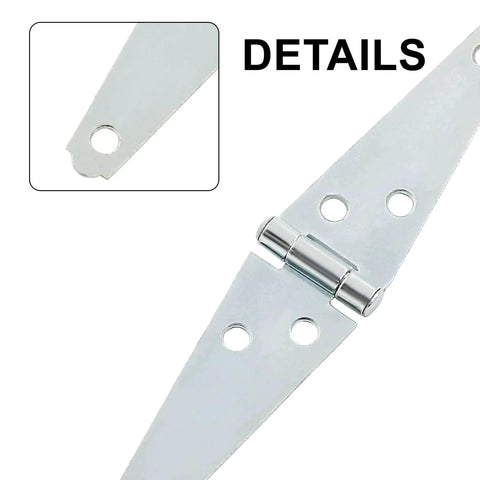 Close-up of heavy duty 3-inch strap hinge with surface mount screws, ideal for barn doors, cabinets, and marine use, durable metal 6 pack.