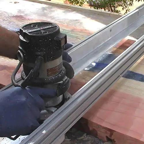 Person using Slab Jig Router Sled for Woodworking, Level and Trim Wood Slabs Up To 64 Inches Wide on a large wood slab