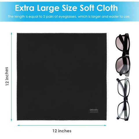 Black 12x12 microfiber cloth beside sunglasses, highlighting size for 6 Pack 12x12 Microfiber Cloths For Glasses And Screens Individually Wrapped.
