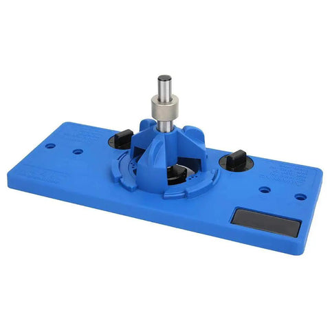 Blue plastic Hinge Boring Jig For Cabinet Doors No Fuss Easy Install Pro Grade Drilling Guide Tool Kit with 35mm hole opener.