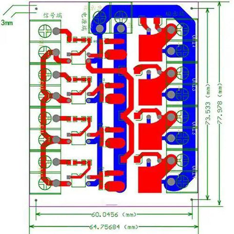 Technical drawing of 4 Channel FET Module for DC Control With Isolated Input And Output MOS Electronic Switch Board 5V To 36V Compatible