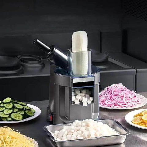 Killer All In One 4 In 1 Electric Vegetable Slicer And Chopper with dual feed chutes slicing cucumbers, onions, and other vegetables.