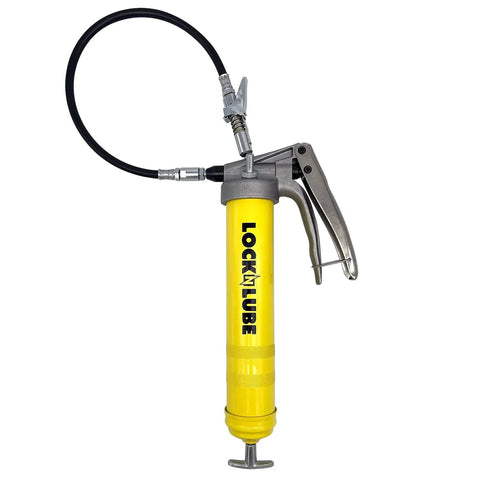 LockNLube Premium pistol-grip grease gun with 20-inch hose and locking coupler, yellow body