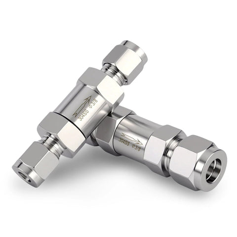 Two Goldpea 304 stainless steel compression check valves, 3/8" OD, one-way backflow preventers
