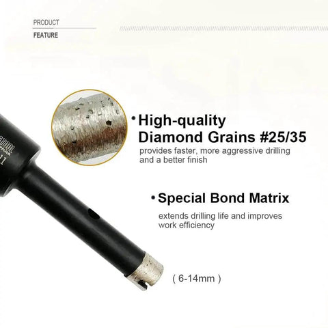 Close-up of 1/4 Inch Laser Welded Diamond Wet Core Bit For Hard Granite Marble And Concrete With 5/8-11 Thread 75mm Length 6mm Diameter