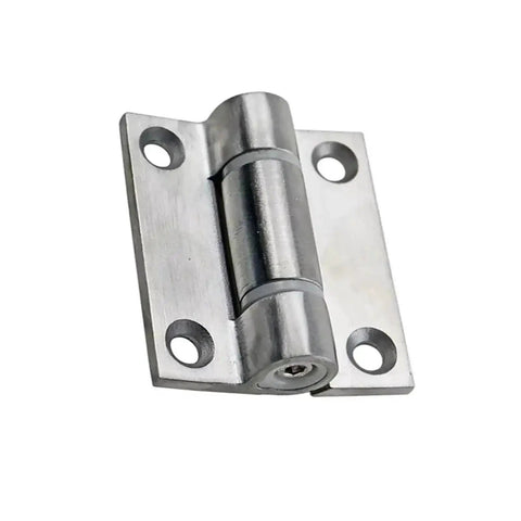 Front-angle view of a stainless steel cabinet door hinge with adjustable torque for an electrical cabinet