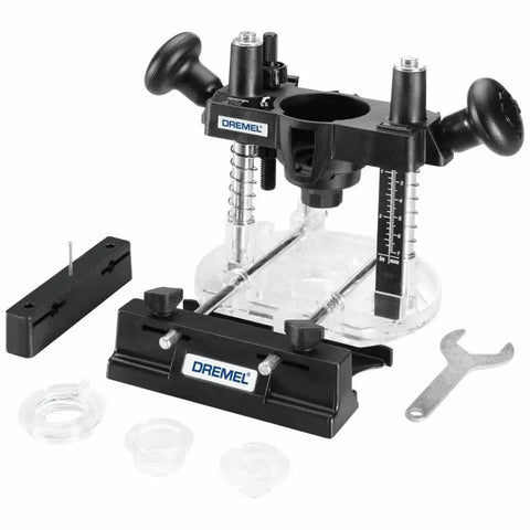 Compact Plunge Router Attachment For Dremel Rotary Tool lets you cut decorative edges, straight slots, circles, and inlay work