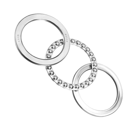 Three chrome steel thrust ball bearing rings; two smooth and one ball-bearing ring with visible balls, 80mm x 105mm x 19mm.