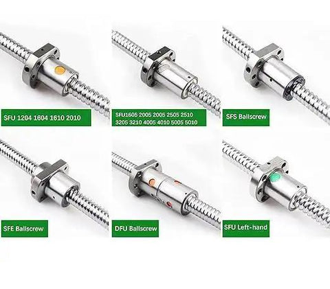 Various ball screws including SFU, SFS, and DFU types on a display, highlighting different machining styles and end designs.