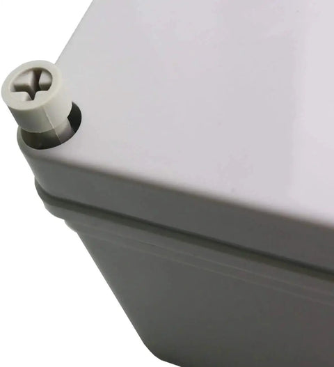 Close-up of corner and screw hole of Weatherproof Polystyrene PS Plastic Junction Box Enclosure For Outdoor Electrical Conduits 6 By 6 By 3 Inches Exterior Interior Five And A Half By Five And A Half By Three Inches Lightweight Durable Dust And Weather Resistant 1 Pack DJC Supply Co.