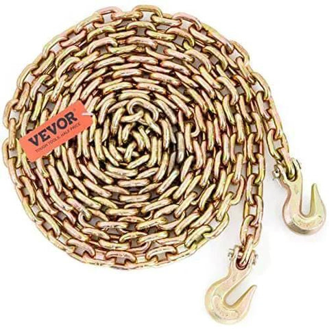 Coiled Three Eighths Inch 20 Foot G80 Tow Chain With Grab Hooks Galvanized Manganese Steel 7100 Lb WLL DOT Certified Two Pack