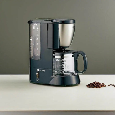 Black Stainless Steel Coffee Maker With 6 Cup Mesh Filter EC AS60 XB No Fuss Auto Brew For Rich Flavor And Quick Morning Wake Up Easy Clean Design For Home Use showing side view.