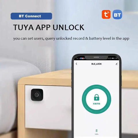 Smart Biometric Cabinet Lock With Fingerprint Access And Bluetooth App Control shown on a drawer with smartphone app interface.