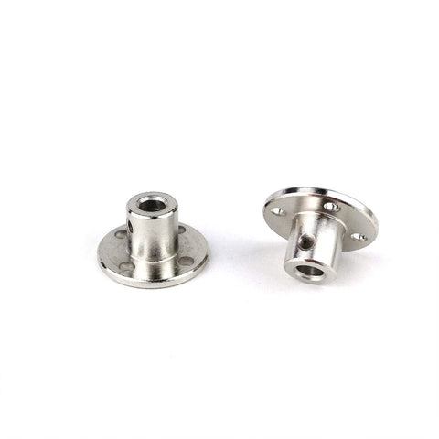 Two 5mm rigid flange shaft couplings, metal flanges with four mounting holes.