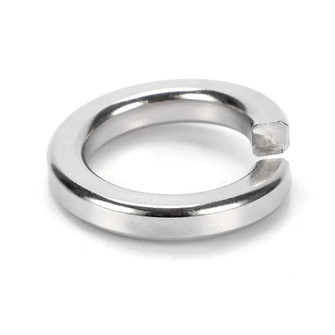 Close-up of stainless steel 1/4-inch split lock washer with visible split gap