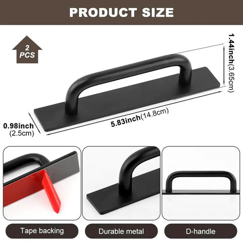 Adhesive Cabinet Handles 5.83 Inch 2 Pack Push Pull No Drill Installation for Kitchen Cabinets and Sliding Doors, matte black and silver finish, zinc alloy.