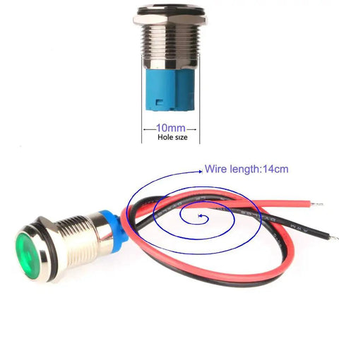 5Pcs 10mm LED Indicator Lights AC DC 12 To 24V Waterproof Rugged Metal Signal Lamp with Wire, close-up on green light with dimensions.