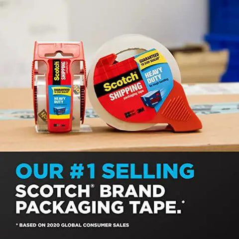 Shipping Packing Tape 2 Rolls with Heavy Duty Dispenser, Clear 1.88 in x 54.6 yd showcased on a box with promotional text.