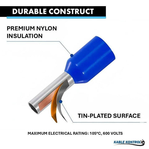 Close-up of UL Listed Wire Ferrules And Crimp Terminals, insulated copper and nylon construction, blue, single conductor.