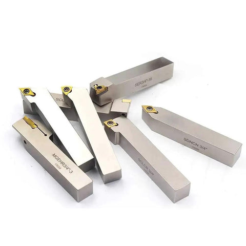Seven Piece Three Quarter Inch Nickel Plated Indexable Lathe Tool Holder Set For Turning Grooving Threading And Cut Off Heavy Duty CNC Metal Lathe Tools With Tin Coated Carbide Inserts Includes SCLCR SCLCL SDJCR SDNCN SWGCR MGEHR SER Holders OSCARBIDE