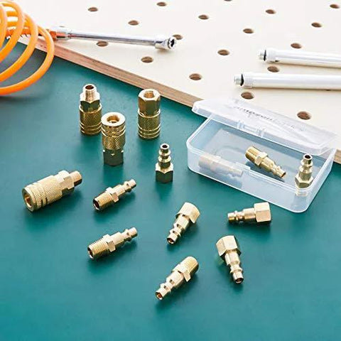 Amazon Basics Quick Connect brass air coupler and plug kit; 14 brass fittings, 1/4 in NPT, with clear case.