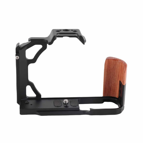 Wood Handle Camera Cage For ZFC Aluminum Alloy Metal Cage With One Quarter Inch And Three Eighths Inch Screw Holes Cold Shoe Mount Vertical Video Ready Full Enclosure For Pro On The Go Filming, side view