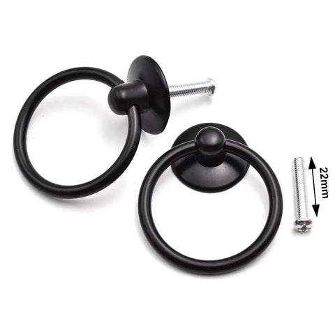 Black Ring Drawer Pull Handles 2 Pack Single Hole Metal Drop Ring Knobs for Cabinets Dresser and Doors with Mounting Screws Zinc Alloy