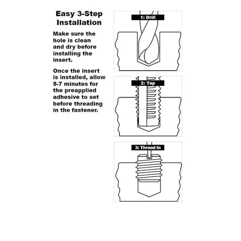 Diagram showing three steps of Metal Thread Repair Kit With Stainless Steel Threaded Inserts For Standard Wall 3/8-16 x 9/16-12.