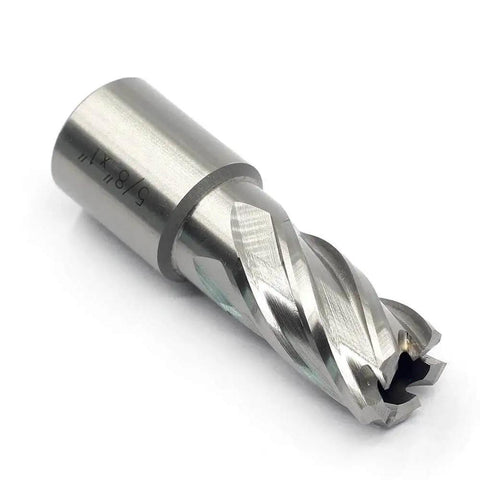 Side view of Rugged Annular Cutter Kit For Magnetic Drill Press With Weldon Shank Three Quarters Inch Cutter Five Eighths Inch Cutting Diameter.