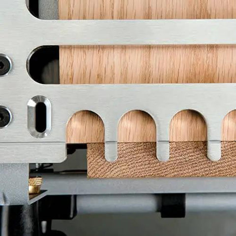 Close-up of Dovetail Jig Kit For Woodworking With Mini Templates 4211 4213 And 4215 showing alignment lines and depth gauges.