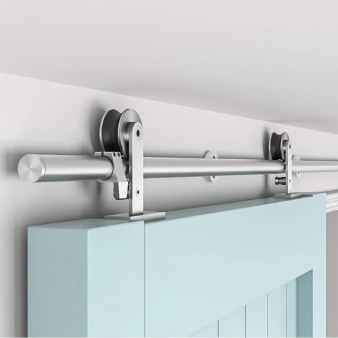 Installed 6 Foot Top Mount Stainless Steel Sliding Barn Door Hardware Track Kit for 30 to 36 Inch Single Doors in use