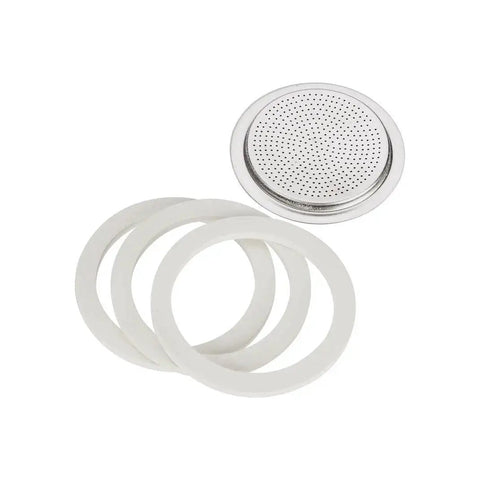 Bialetti Moka Express 6-Cup replacement filter with three white gaskets