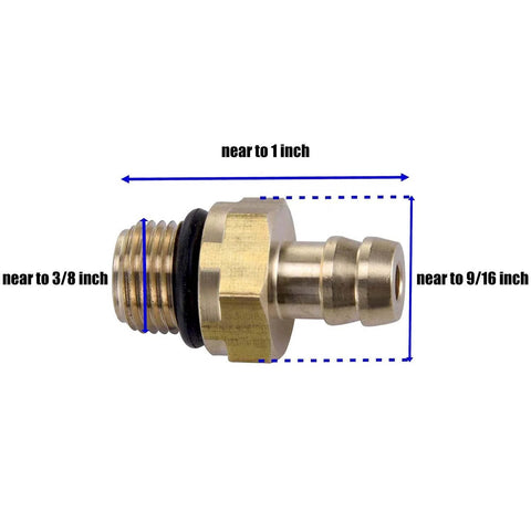 Brass chemical injector adapter for pressure washers; threaded hose end with black O-ring and hex nut body.