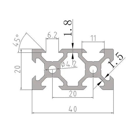 Technical drawing of Two Pack 500mm V Slot 2040 Aluminum Extrusion European Standard Anodized Linear Rail for 3D Printers and CNC DIY.