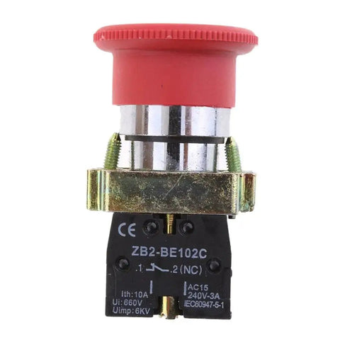 Front view of Mushroom Head Emergency Stop Push Button Assembly 22mm Turn To Release, Normally Closed Latching Rotary Stop Button