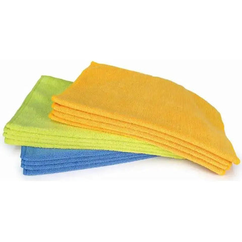 Stack of blue, green, and yellow microfiber cloths, 12x16 inch, pro grade polishing rags. Microfiber Detailer Cloth 12 Pack 12 By 16 Inch Ultra Absorbent Pro Grade Polishing Rags For Car Detailing 80 Percent Polyester 20 Percent Polyamide Includes Blue Green Yellow Colors