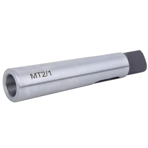 Morse taper reducing adapter MT2 to MT1, silver machined steel sleeve.