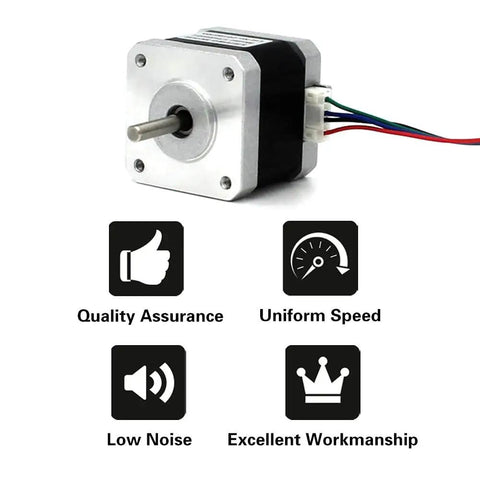 Close-up of NEMA17 stepper motor with icons for quality assurance, uniform speed, low noise, and excellent workmanship by MOTOU