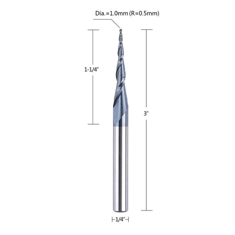 Pro Grade Tapered Ball Nose Spiral Router Bit For CNC Milling And Engraving, 1.0mm Tip Diameter, 0.5mm Radius, side view