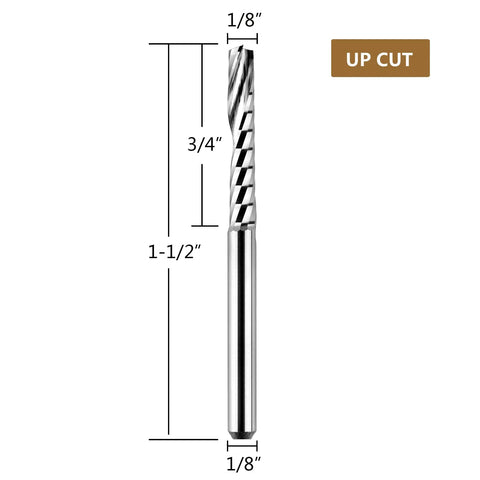 Five Piece O Flute End Mill Set With One Eighth Inch Shank Three Quarter Inch Cutting Length Solid Carbide Spiral Router Bits For CNC Milling Wood Acrylic PVC Pro Grade Smooth Cuts; close-up view