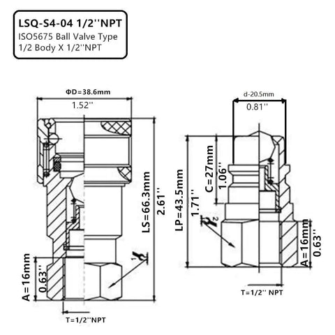 Technical drawing of Half Inch NPT Ag ISO 5675 Hydraulic Quick Connect Tractor Coupler Ball Style dimensions.