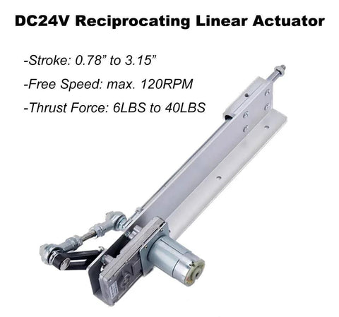 DC 24V Reciprocating Linear Actuator with remote end connector and adjustable stroke from 0.78 to 3.15 inches, side view